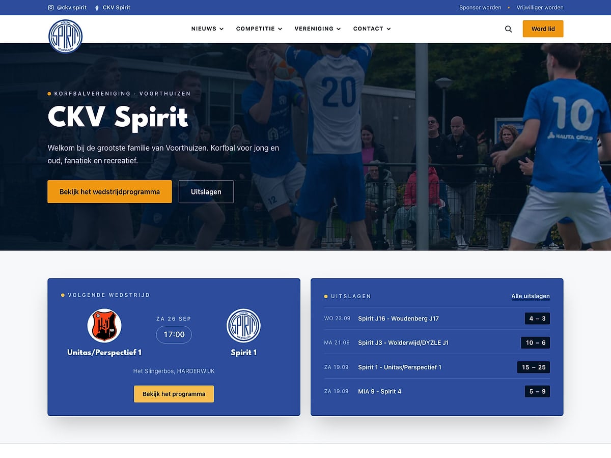 De website die we maakten voor CKV Spirit
